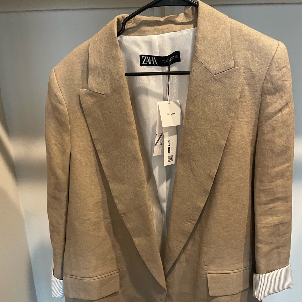 ZARA LINEN BLAZER WITH PRINTED SLEEVES NWT